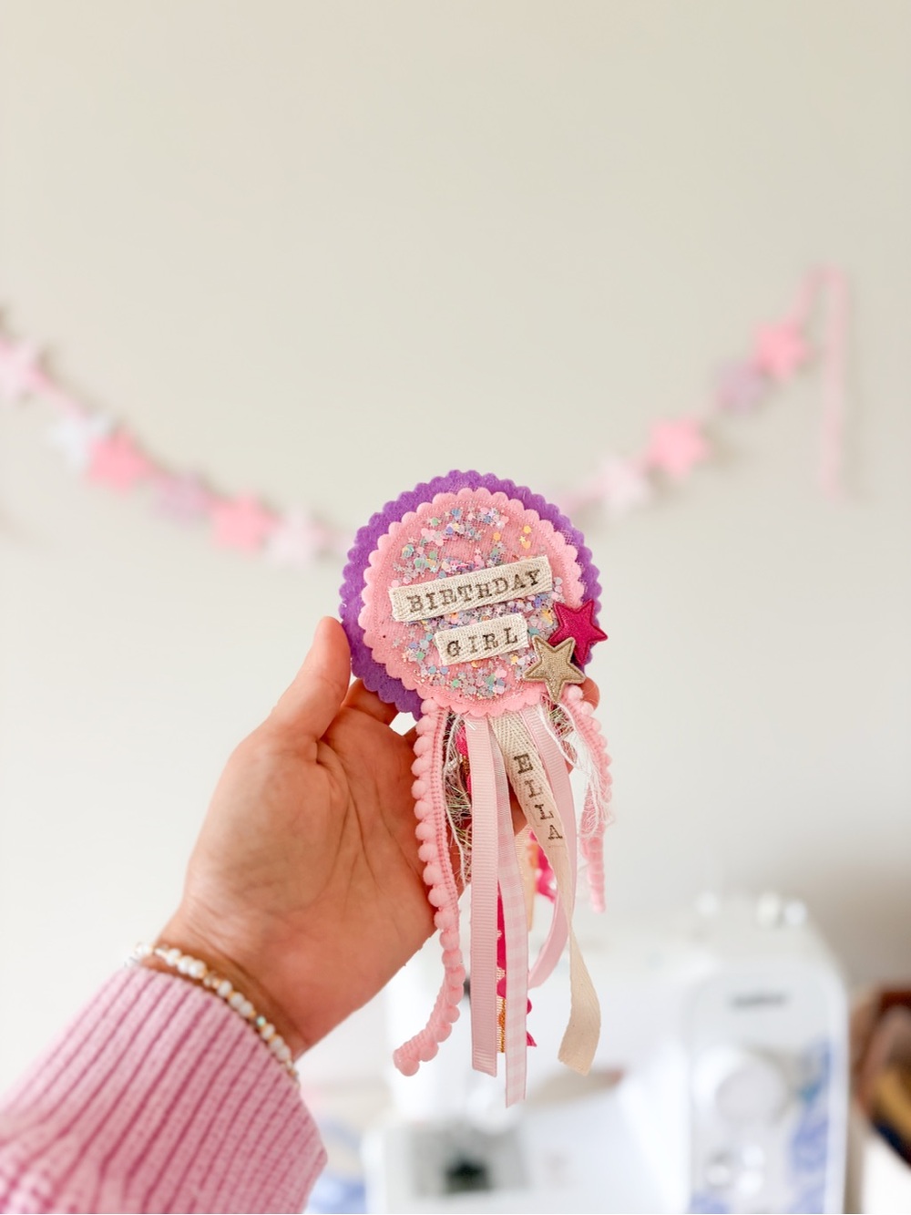 Birthday Girl Pink & Purple Ribbon Badge - Party Hair Accessory